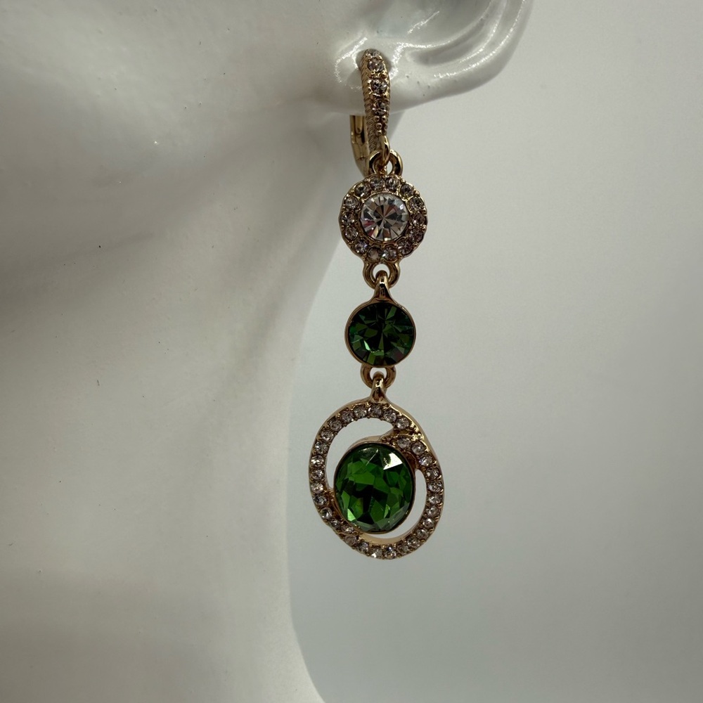 Givenchy Statement Drop Gold Tone With Green And Clear Crystals Earrings - Picture 13 of 15